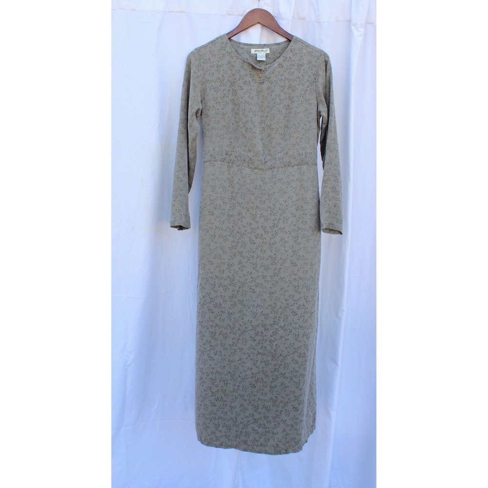 Eddie Bauer Vintage Tencel Leaf Print Maxi Dress Green Henley Long Sleeve S